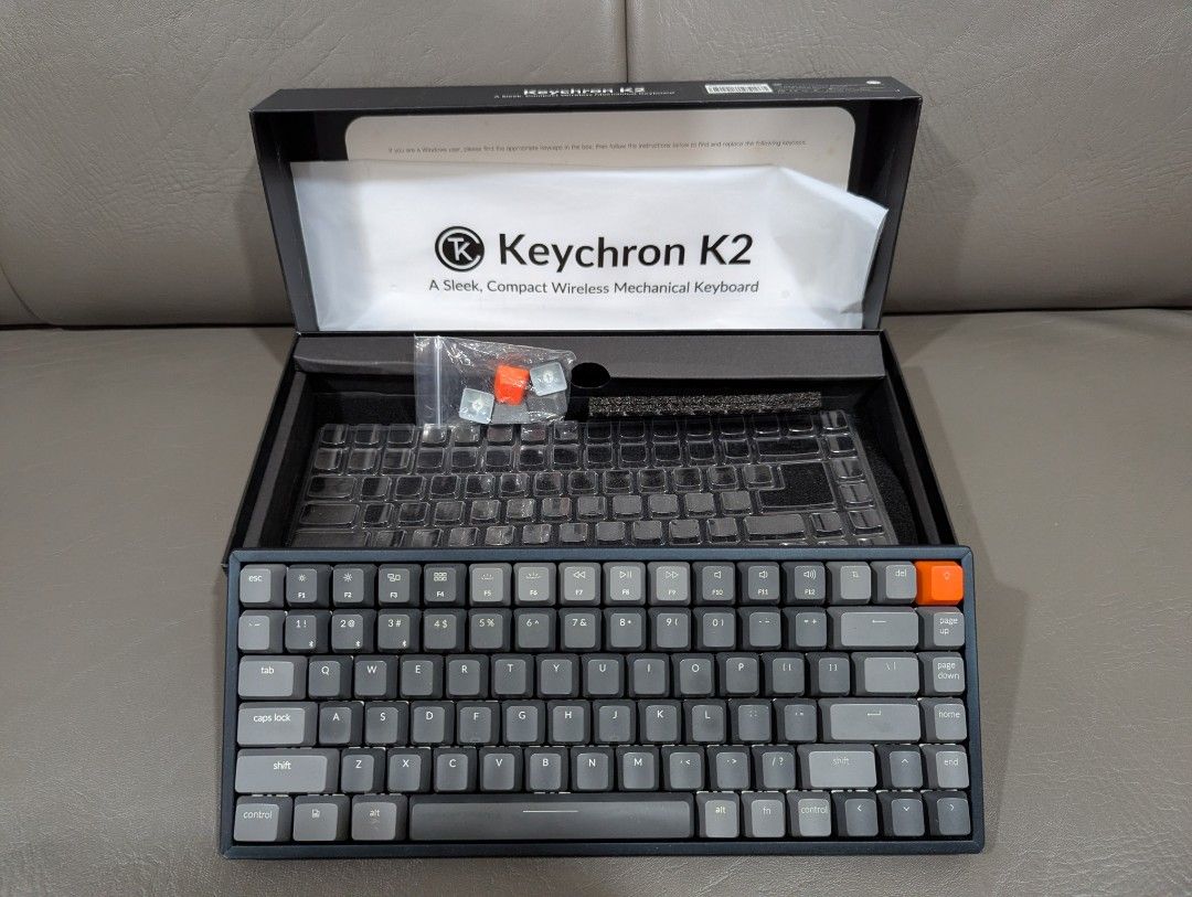 Keychron K2 Mechanical Keyboard (Category: Computer Keyboard) located in Makati City. Submitted by bon.bon.bon (Listing ID 1443763299, Image 1). Description: - Keychron K2 mechanical keyboard - RGB, Aluminum, Gateron Brown keys, Non-HotSwap - Wireless via Bluetooth, MacOS compatible - Compact 75% layout - Includes USB-C cable and extra keycaps.