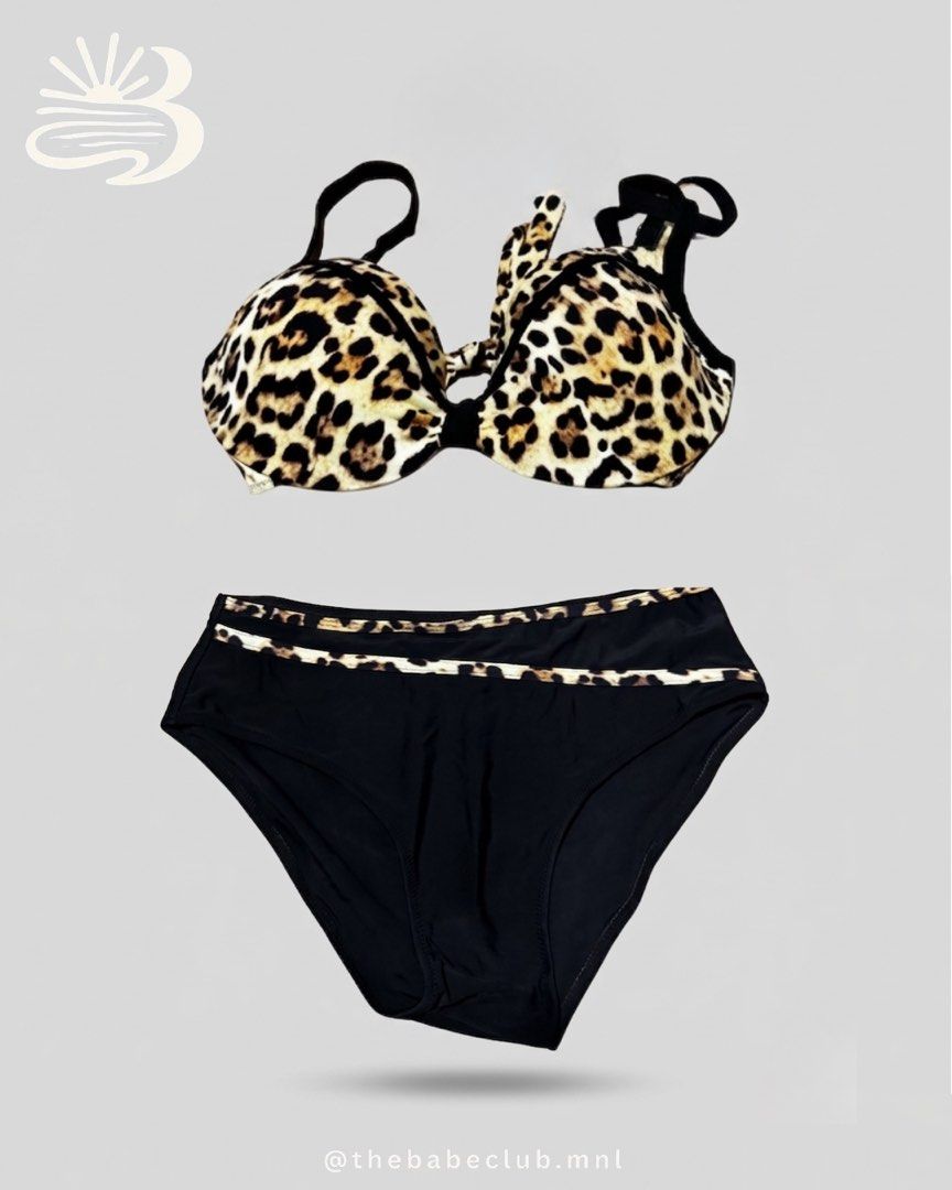 Leopard Print Bikini Set with Black High-Waisted Bottoms (Category: Bikinis & Swimsuits) located in Manila. Submitted by beaanikasc15079 (Listing ID 1443852516, Image 1). Description: - Adorable leopard print bikini set - Adjustable tie-front top - Matching high-waisted bottoms - Leopard print trim on bottoms - Ideal for beach or pool days - Get ready for summer!.