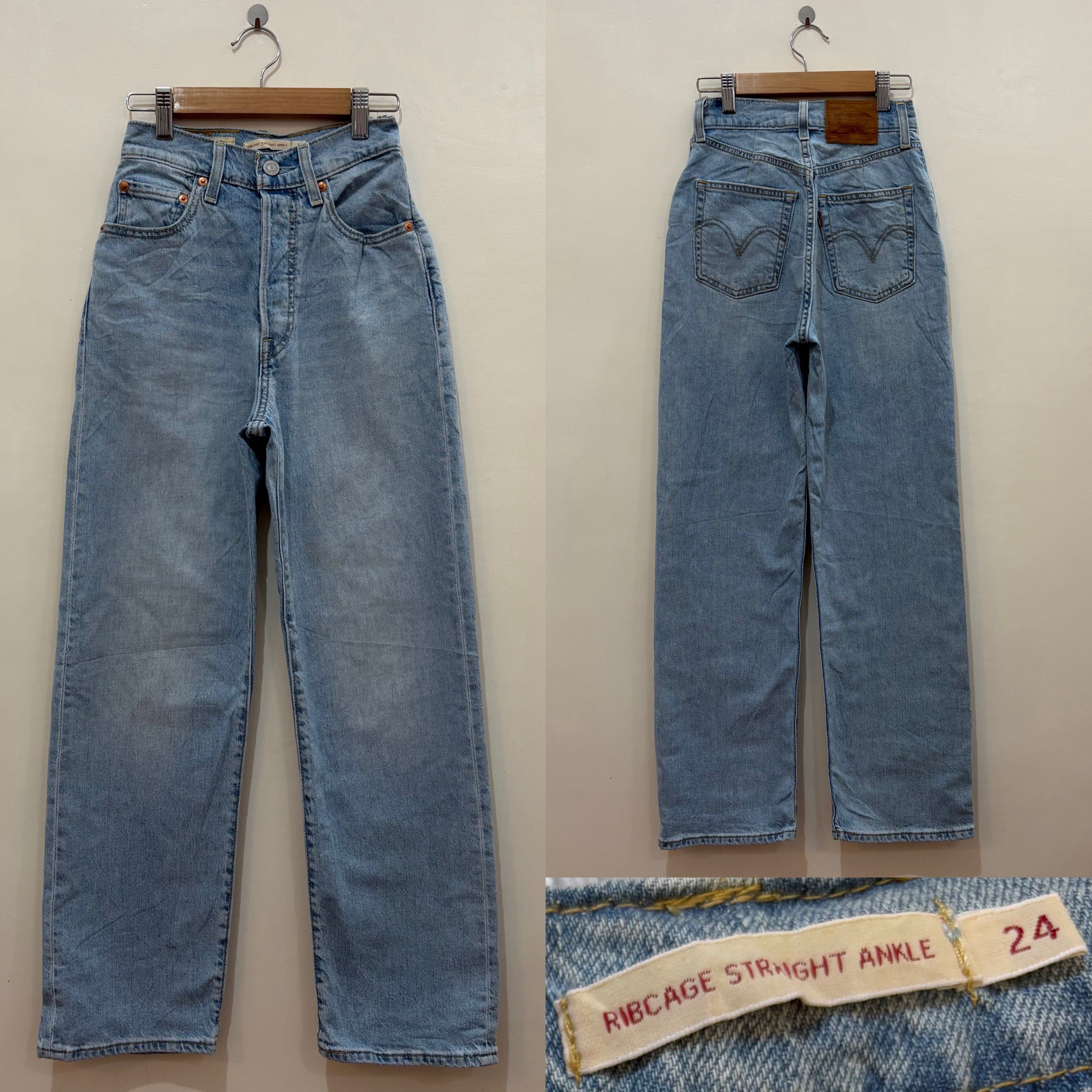 Levi's Premium Ribcage Straight Ankle Pants (Category: Jeans) located in Angeles City. Submitted by hoely.faith (Listing ID 1443785381, Image 1). Description: FLAT LAID DIMES: waistline size: 21-22 rise length: 11 leg hole: 8 length: 38 condition: good used condi. color rate: 9/10 issue/s: altered waistline & yellow stain (removability not guaranteed). Please buy at your own risk. SF is shouldered by the buyer. LAST PRICE POSTED! NO HAGGLING! NO 