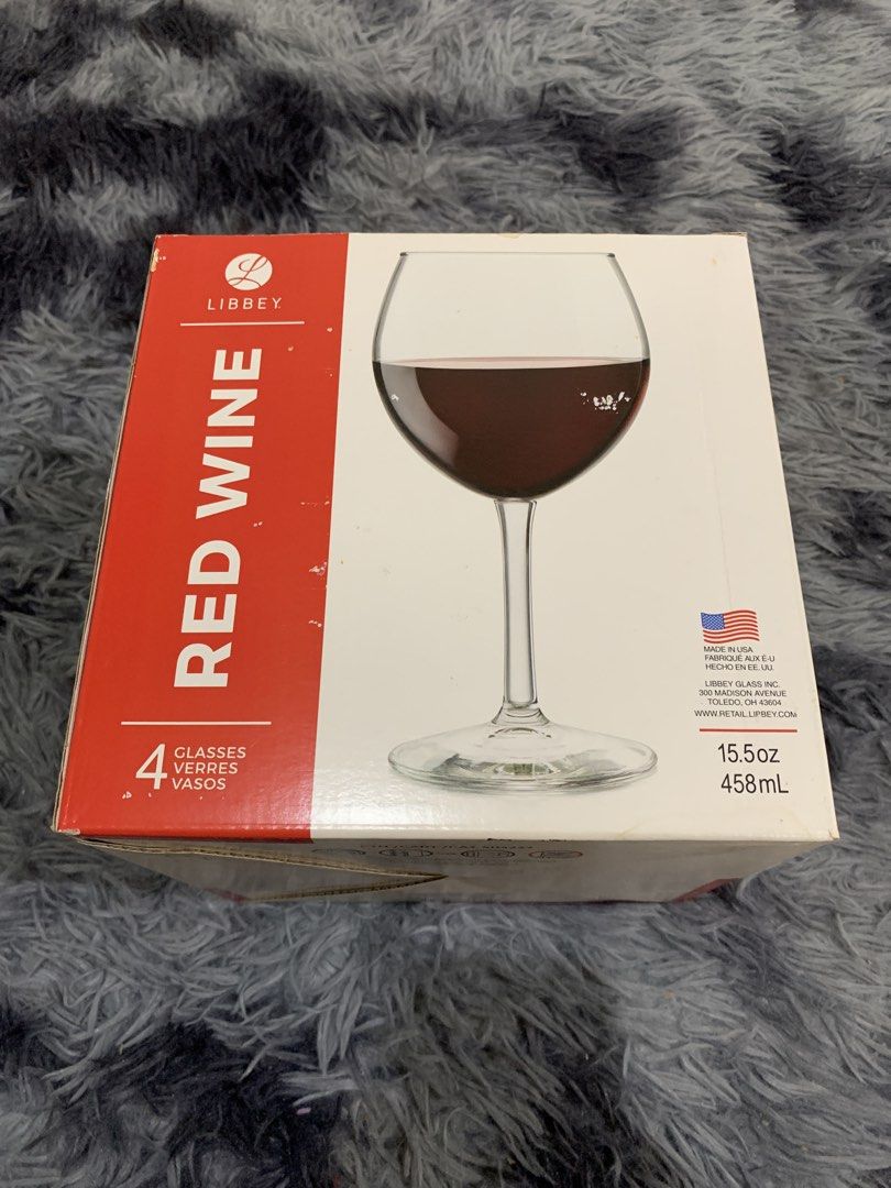 Libbey Red Wine Glasses Set of 4 (Category: Dinnerware & Cutlery) located in Los Banos. Submitted by hammy413 (Listing ID 1443763649, Image 2). Description: Libbey Red Wine Glass Set (4 pcs, 15.5 oz / 458 mL) 1100(Negotiable) Excellent condition, never used. Complete with original box. Meet up around Los Banos Laguna Shipping available. Buyer shoulders shipping fee. Feel free to message me if you have any questions or if you want a video of the i