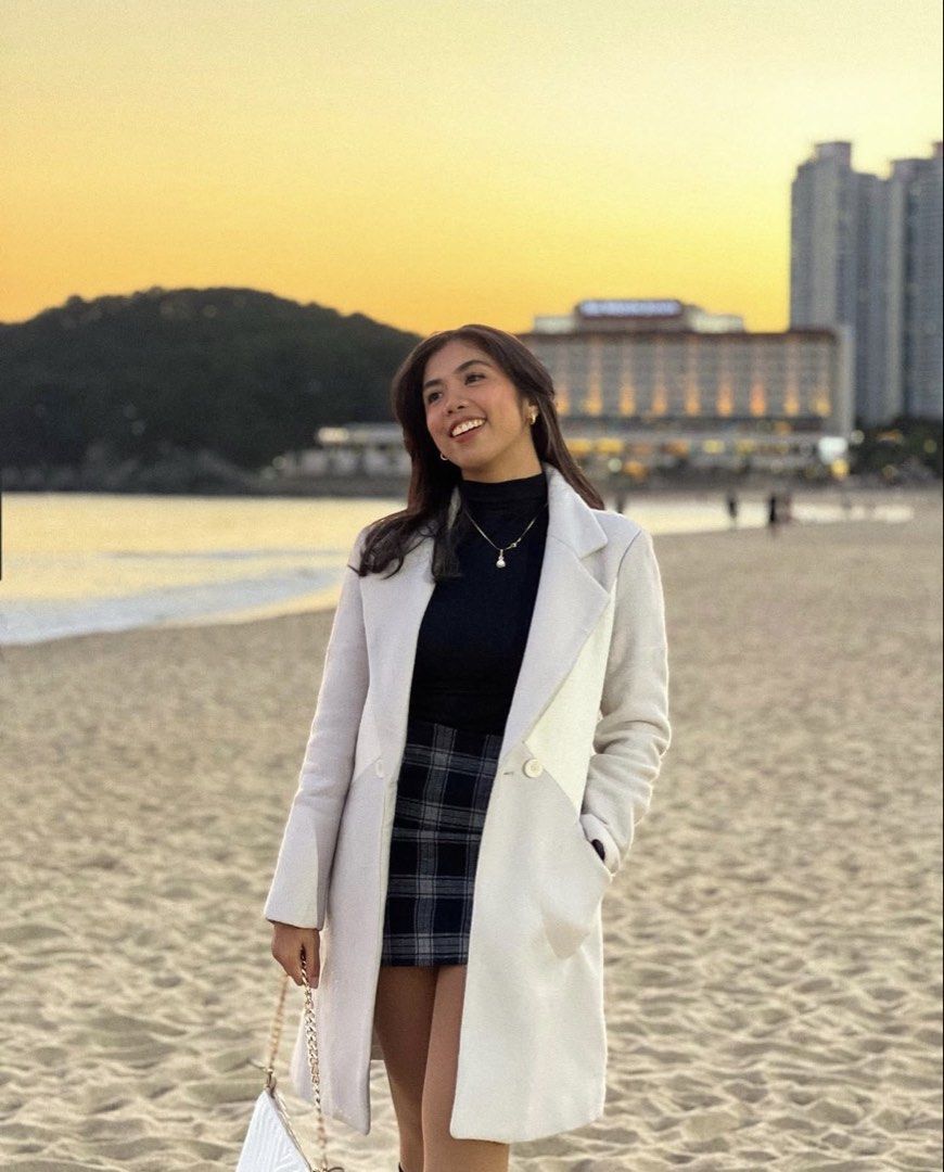 Light Gray/White Long Coat (Category: Coats, Jackets and Outerwear) located in Dinalupihan. Submitted by declutterwithemma (Listing ID 1443837705, Image 2). Description: Worn only once in South Korea. My height is 5’2”..