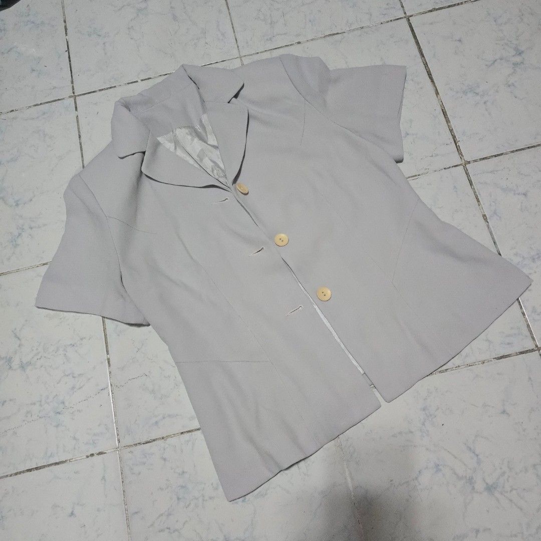 Light Grey Shoulder-Padded Short Sleeve Blazer Jacket Button Down Office Formal Blouse (Category: Blouses) located in Bulacan. Submitted by schangs (Listing ID 1443899362, Image 1). Description: size medium length 22in.
