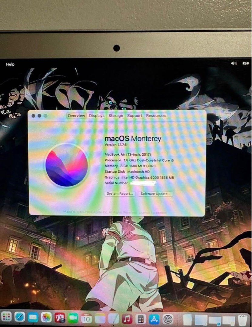 Macbook Air (13 inch) (Category: Laptops & Notebooks) located in Quezon City. Submitted by markbernardo (Listing ID 1443848628, Image 3). Description: MacBook Air (13 inch, 2017) Processor 1.8 GHz Dual-core Intel Core i5 Memory 8 GB 1600 MHz DDR 3 Startuo Disk Macintosh HD Graphics Intel HD Graphics 6000 1536 MB MacOS Monterey, version 12.7.6 With Charger.