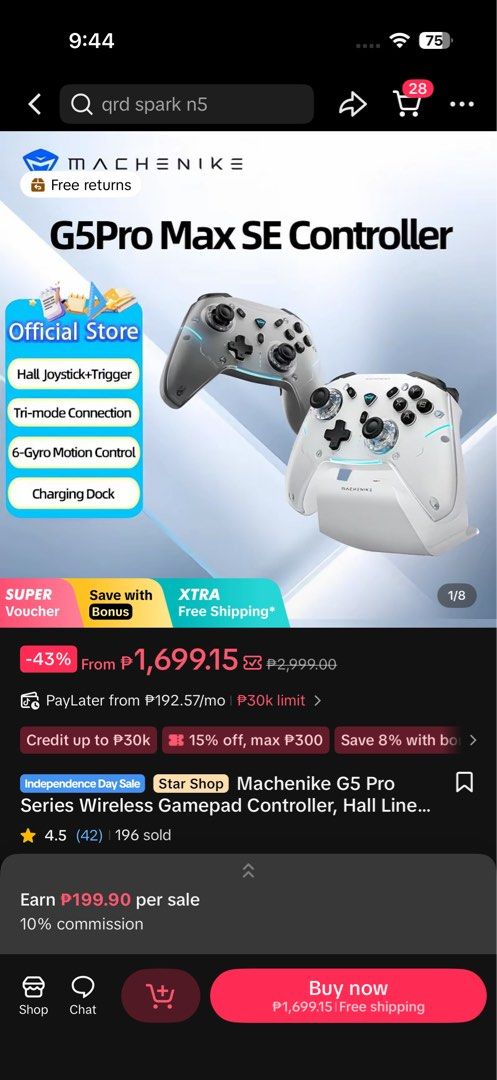 MacheNike G5Pro Max SE Wireless Game Controller (Category: Controllers) located in Manila. Submitted by kinggg24 (Listing ID 1443711222, Image 2). Description: - MacheNike G5Pro Max SE Controller - Features Hall Joystick & Trigger for ultimate precision - Tri-mode connectivity (wired, Bluetooth, 2.4GHz) - Enhanced gameplay with 6-axis Gyro motion control - Comes with a convenient charging dock - Ideal for all your gaming needs.