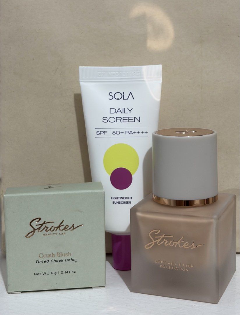 Makeup Bundle (Category: Makeup) located in Manila. Submitted by matchafund____ (Listing ID 1443747802, Image 1). Description: INCLUDES: - Strokes Beauty Soft Veil Filter Foundation in Light Neutral (35ml) - Strokes Beauty Crush Blush in Charmed (4g) - Sola Daily Screen Lightweight Sunscreen SPF 50+ PA++++ All brandnew, no box foundation & sola. Swatched foundation ; Sunscreen unused ; Blush unused. Rfs: extra makeups .