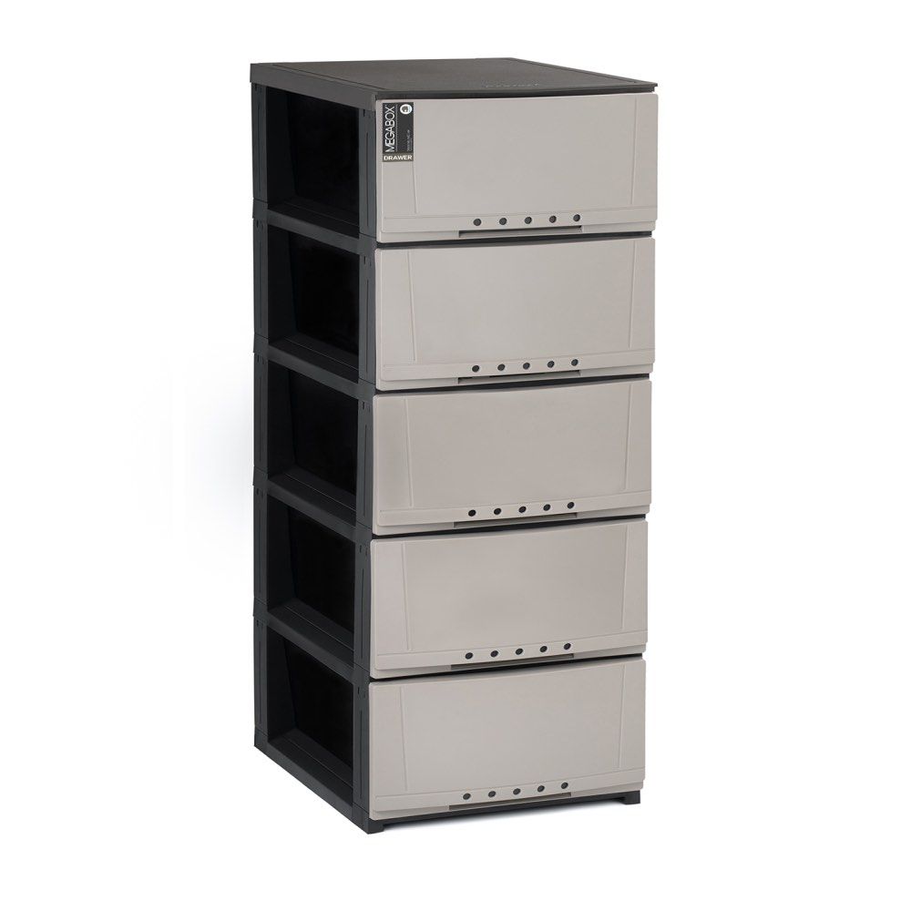 MEGABOX 4-Tier Plastic Storage Cabinet Drawer Organizer (Category: Shelves, Cabinets & Racks) located in Quezon City. Submitted by vvelcometomyshop (Listing ID 1443765189, Image 1). Description: - MEGABOX 4-tier storage cabinet (I have 2 units selling each for 600) - Features convenient drawers for organization - Stylish dark grey frame with light beige drawers - Ideal for storing clothes, toys, and various household items - Simple to assemble an