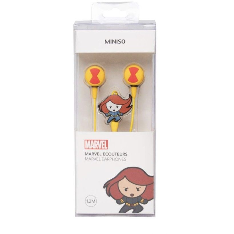 MINISO Marvel Black Widow wired earphones (Category: Earphones) located in Bulacan. Submitted by angel.decluttersx (Listing ID 1443874510, Image 1). Description: no box, it was alr disposed long ago never been used still works! good as new!.