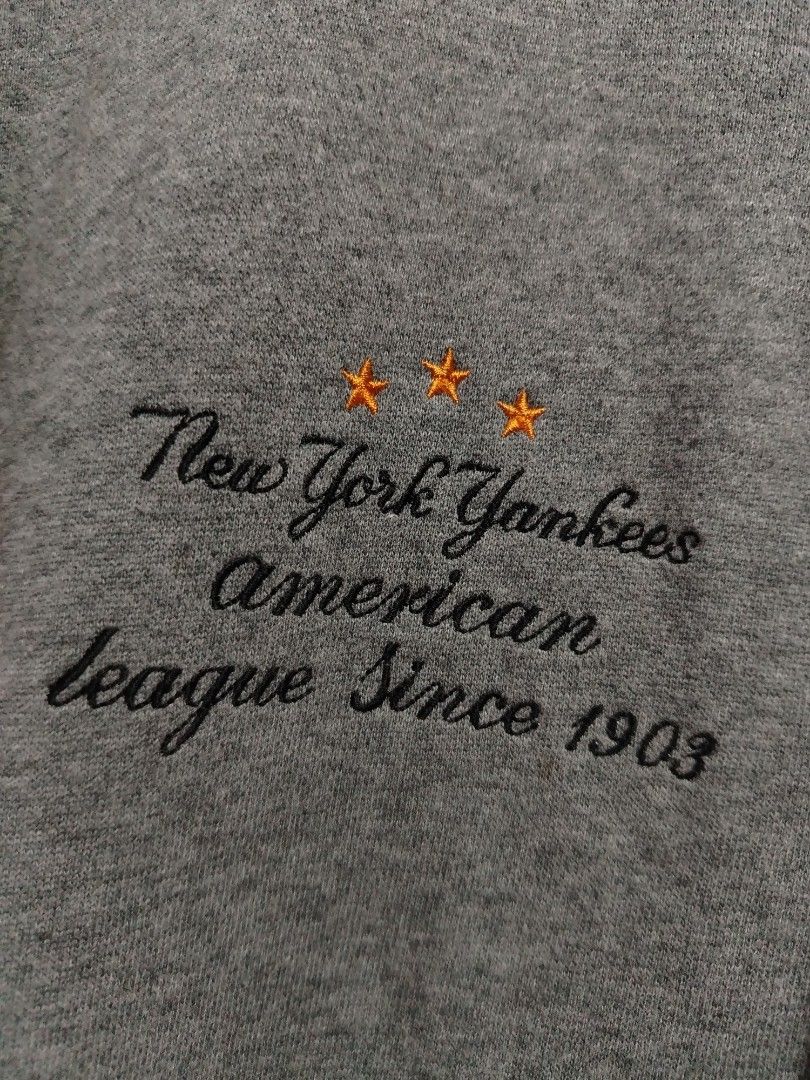 MLB New York Yankees Varsity Bomber Jacket (Category: Coats, Jackets and Outerwear) located in Rizal. Submitted by gmpastoffi75031 (Listing ID 1443727605, Image 3). Description: - Classic grey and orange varsity jacket - Features iconic New York Yankees logo - 'New York' embroidery on the chest - 'New York Yankees American League Since 1903' text with three stars - Button-up front closure - Ribbed cuffs and hem for a comfortable fit - MLB tag vis