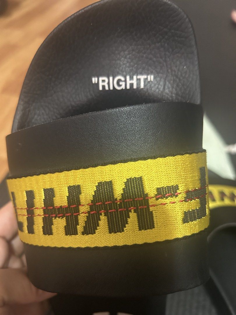 Off white black yellow leather logo sandals (Category: Slippers & Slides) located in Taguig. Submitted by shepai (Listing ID 1443781922, Image 2). Description: Can fit US 8-9.