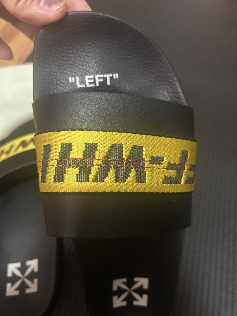 Off white black yellow leather logo sandals (Category: Slippers & Slides) located in Taguig. Submitted by shepai (Listing ID 1443781922, Image 3). Description: Can fit US 8-9.
