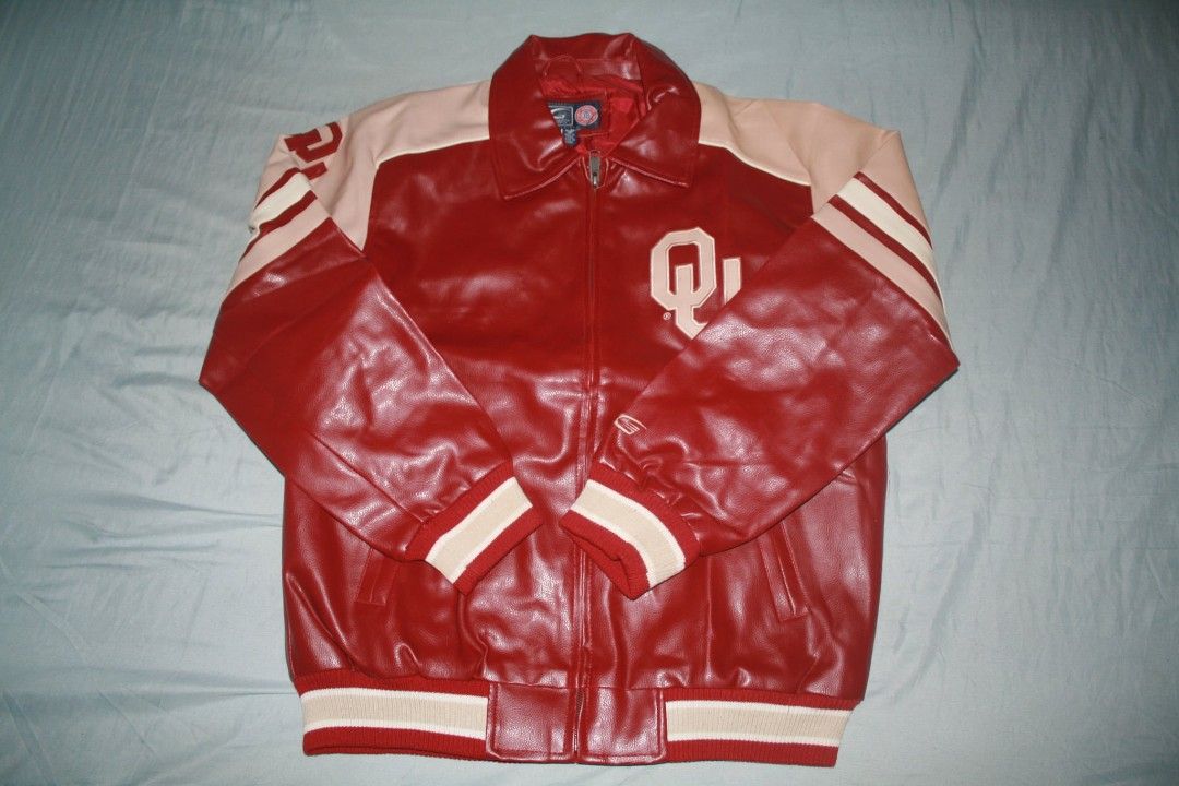 Oklahoma Sooners Red Leather Varsity Jacket OU (Category: Coats, Jackets and Outerwear) located in Manila. Submitted by jdjackets (Listing ID 1443879542, Image 2). Description: - Classic red and cream Oklahoma Sooners varsity jacket - Features OU logo on the front - 'SOONERS' text across the back - Genuine leather sleeves and collar - Ribbed cuffs and hem for a comfortable fit - Ideal for any proud Sooners fan -Price is negotiable .