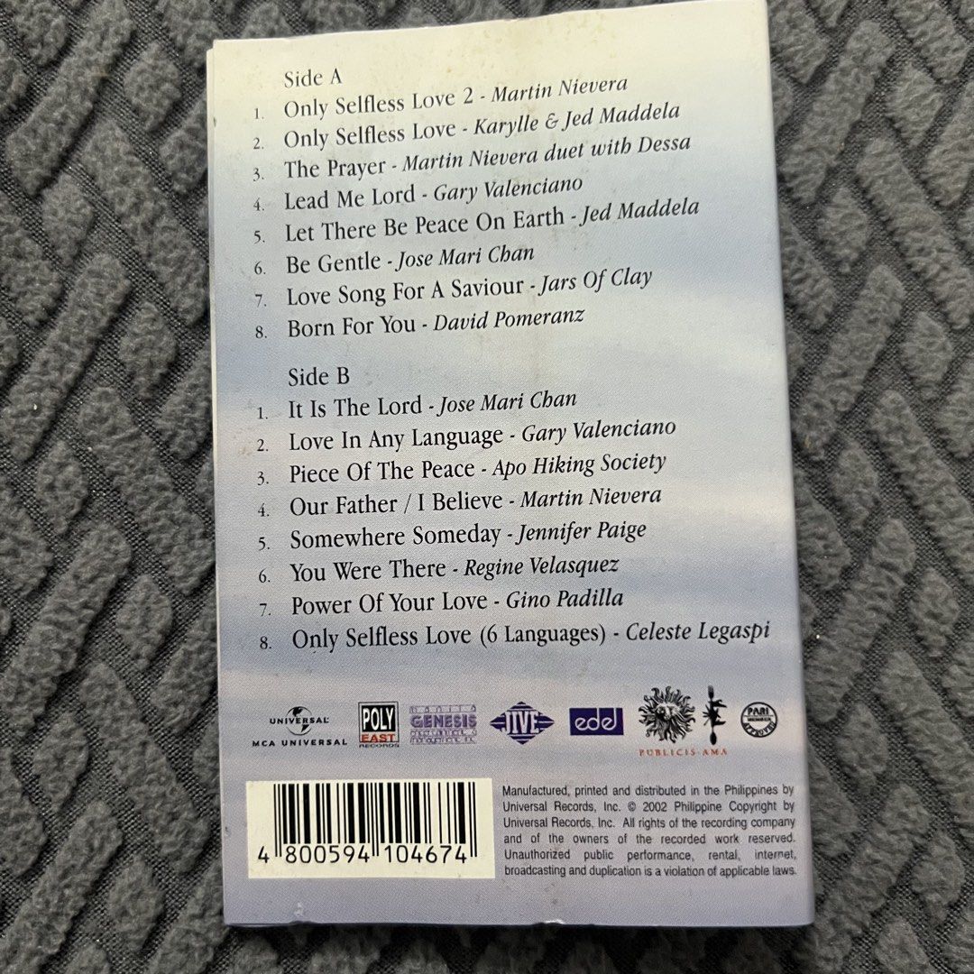Only Selfless Love 2 (Cassette Tape) (Category: CDs & DVDs) located in Caloocan City. Submitted by thelittlejewelcase (Listing ID 1443907549, Image 2). Description: featuring : Regine Velasquez APO Hiking Society David Pomeranz Jose Mari Chan Jennifer Paige Karylle Martin Nievera Jars Of Clay Gary V. Dessa Gino Padilla Jed Maddela.