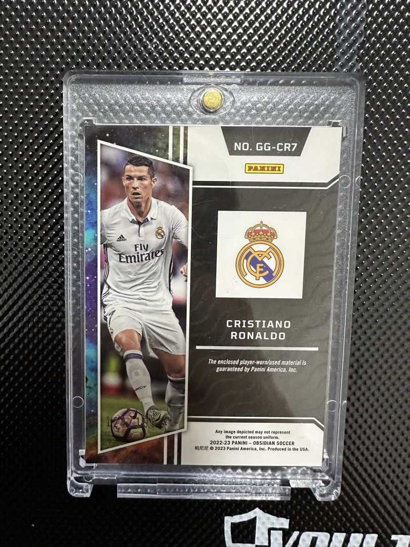 CR7 Football Memorabilia Panini 2022-2023 Obsidian Soccer Player-Worn/Used Patch Jersey Material Cristiano Ronaldo Real Madrid 2016-2017 Kit GG-CR7 RARE NUMBERED /199 (Category: Raw Cards) located in Singapore. Submitted by symbiotecollectibles (Listing ID 1443869622, Image 2). Description: Selling my personal collection. Only releasing to buyers who appreciate the player 😊.