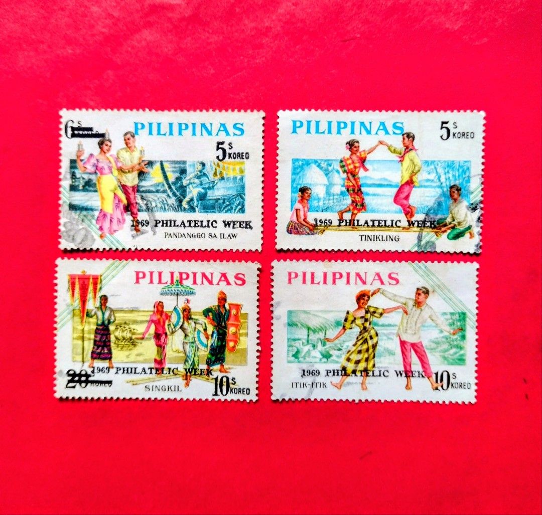 Philippines 1969 : Traditional Folk Dances , complete set of 4 v. , used (Category: Vintage Collectibles) located in Quezon City. Submitted by yesteryearscorner (Listing ID 1443808500, Image 1). Description: P50.- for the complete set of 4 v. 1969 stamps from the Philippines which feature traditional folk dances : ---- Top-Left (5s): Pandanggo sa Ilaw (Dance of the Oil Lamps), balancing three oil lamps on the head and hands. ---- Top-Right (5s): 