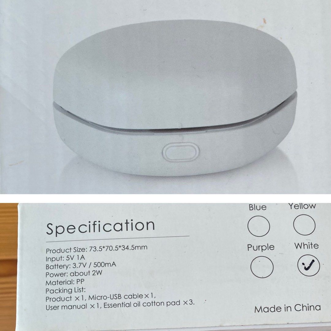 Portable Mini Diffuser - White （分類：家居香薰）位於 Hong Kong。 由 joan2212 提交（商品編號 1443750666，圖片 1）。簡介： Selling a portable mini diffuser. It's white in colour. Product size is 73.5*70.5*34.5mm. Runs on a 3.7V/500mA battery, consuming about 2W. Made of PP material. Comes with the product, a Micro-USB cable, user manual, and 3 essential oil cotton pads. Made in China.。