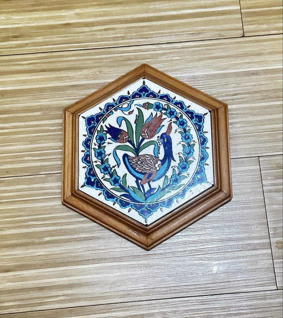 Rare Hexagonal Ceramic Tile Art with Wooden Frame (Category: Frames & Pictures) located in Taguig. Submitted by seek_and_ship (Listing ID 1443891586, Image 1). Description: Rare Hexagonal Turkish Iznik Ceramic Tile – Framed Wood Wall Art / Decor Bring a timeless piece of Middle Eastern artistry into your home.For sale is a beautiful, geometrically unique hexagonal ceramic tile inspired by traditional Turkish Iznik and Ottoman craftsmanship. Safel