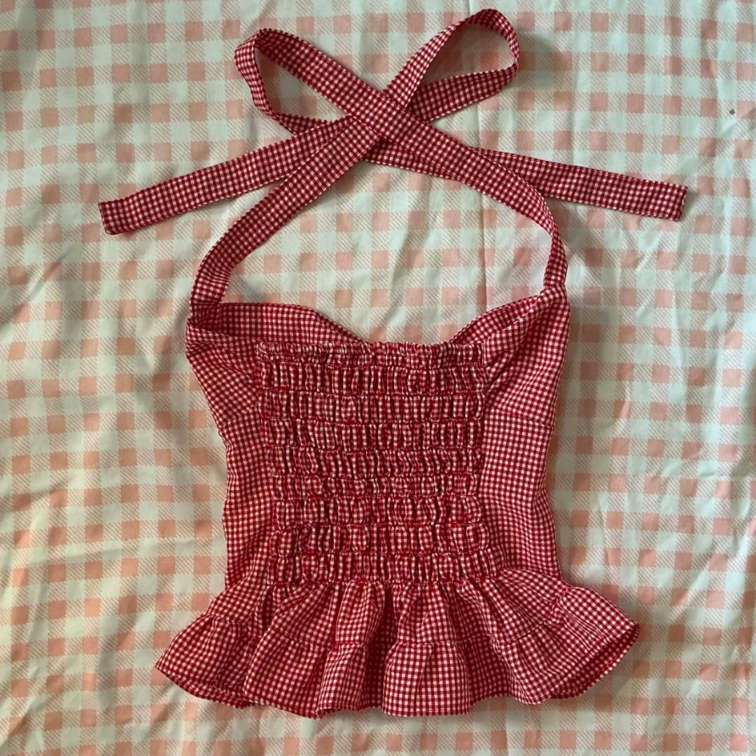 Red Gingham Halter Neck Top w/ Smocked Back (Category: Sleeveless) located in Manila. Submitted by secondestyle (Listing ID 1443822416, Image 2). Description: RFS: ran tighter than i thought :( originally sized as XS-S but it runs as XS.