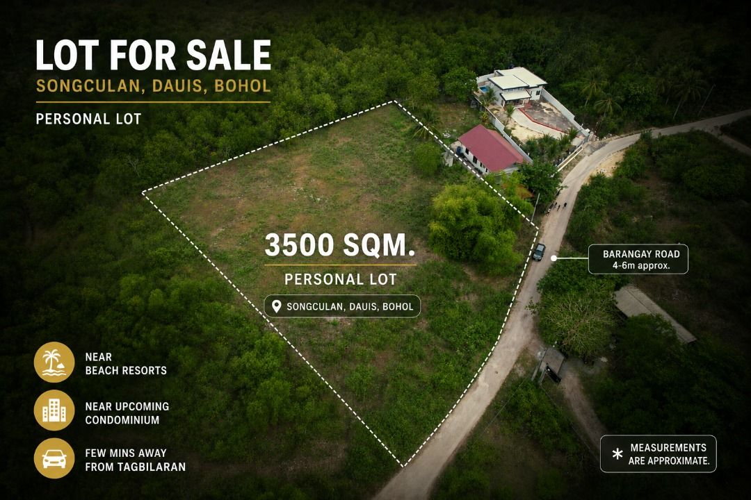 RUSH PERSONAL LOT FOR SALE (Category: Lot) located in Caloocan City. Submitted by princedave (Listing ID 1443784479, Image 2). Description: OWNER HERE!‼️ LOT FOR SALE – Songculan, Dauis, Bohol 3500sqm lot area. Price: ₱2,800 per sqm. (Nearby lot listing at 5k-6km sqm) Absolute Clean Papers. 📍Exact Google Maps: https://maps.app.goo.gl/s5Za6ct9Q52Zohrq8?g_st=afm 📩 Message for more details and site viewing..