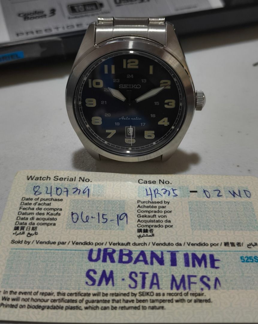 Seiko Watch Neo Sports Automatic (Category: Men's Watches) located in Quezon City. Submitted by jtgabs (Listing ID 1443708469, Image 3). Description: - Seiko Neo Sports Automatic Watch - Model: SRPC85K1 - 4R35B 23 Jewels - Movement: Automatic with manual winding capability - Case: Stainless steel, measuring 42.9mm in diameter and 12.6mm thick. -Features: Displays date and is water resistant up to 10 bar (100 meters). - Classic black dial and mili