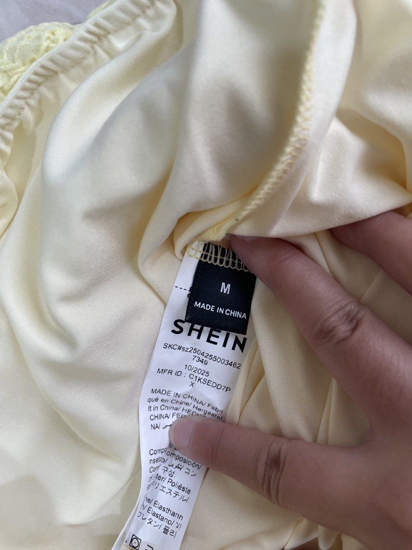 SHEIN - Yellow Mini Dress (Category: Dresses) located in Quezon City. Submitted by lilyessentials (Listing ID 1443787624, Image 3). Description: Size: M on tag but can fit S Waist: 26-27 Original Price: 463 pesos Does not fit me 🥲 No flaws. No stain. PERFECT condition.