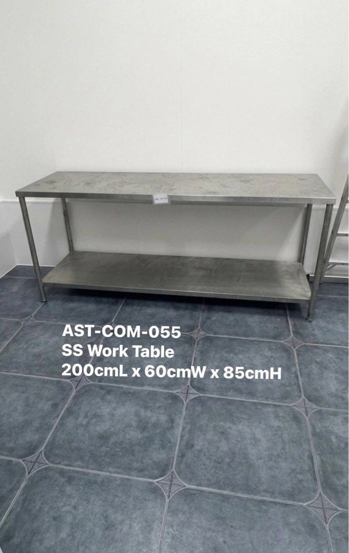 Stainless Steel Kitchen Work Table 200cm (Category: Tables & Sets) located in Quezon City. Submitted by itsyvrae (Listing ID 1443792731, Image 1). Description: - Stainless Steel Work Table - Model: AST-COM-055 - Dimensions: 200cm (L) x 60cm (W) x 85cm (H) - Features a convenient lower shelf for extra storage - Ideal for workshops, kitchens, or any workspace - Durable and sturdy construction - Ready for pickup.
