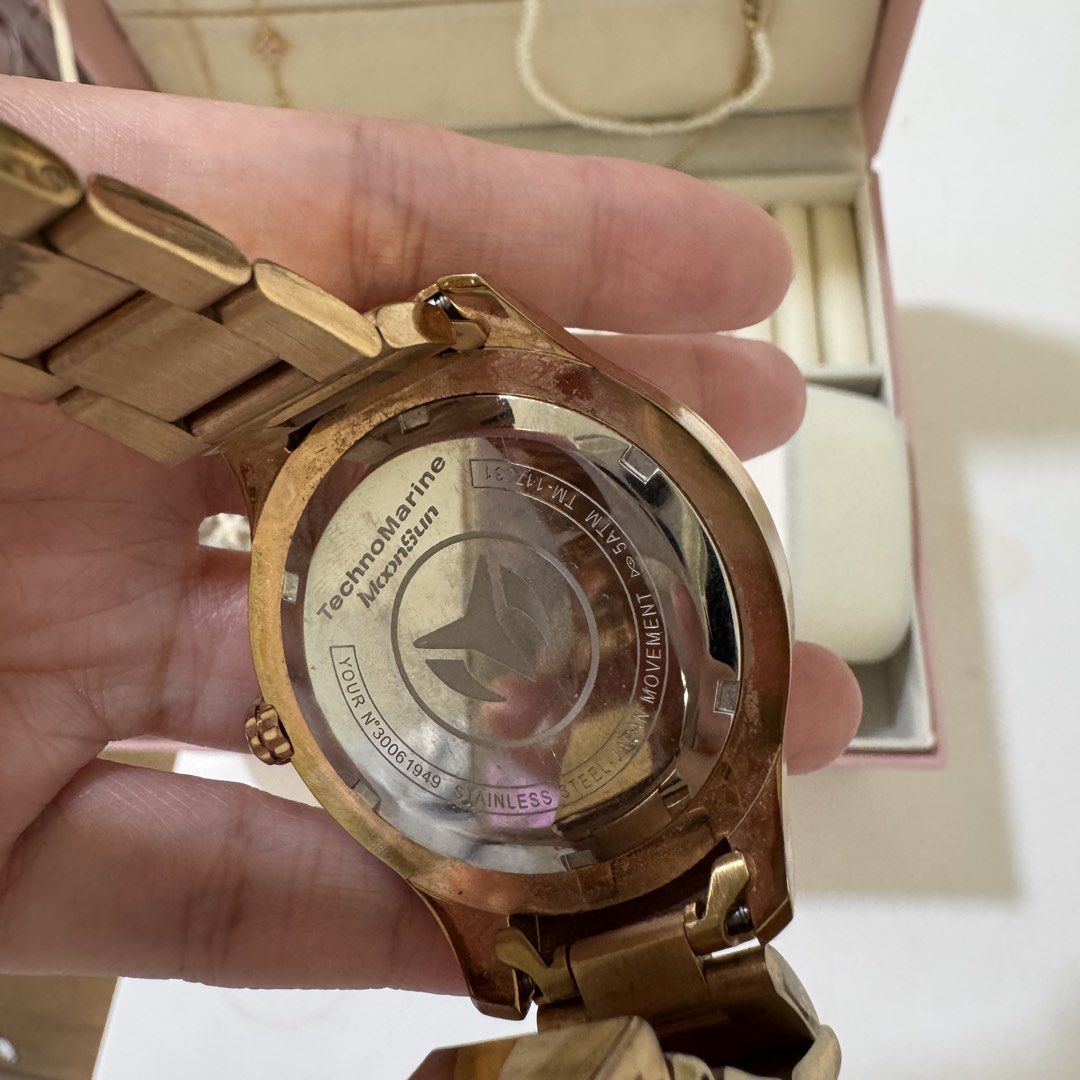 Technomarine MoonSun Rose Gold Watch (Category: Men's Watches) located in Pasig City. Submitted by lovedonceph (Listing ID 1443785173, Image 3). Description: - needs battery replacement - small wrist size (fits thin petite female wrists, i already lost the extra links).