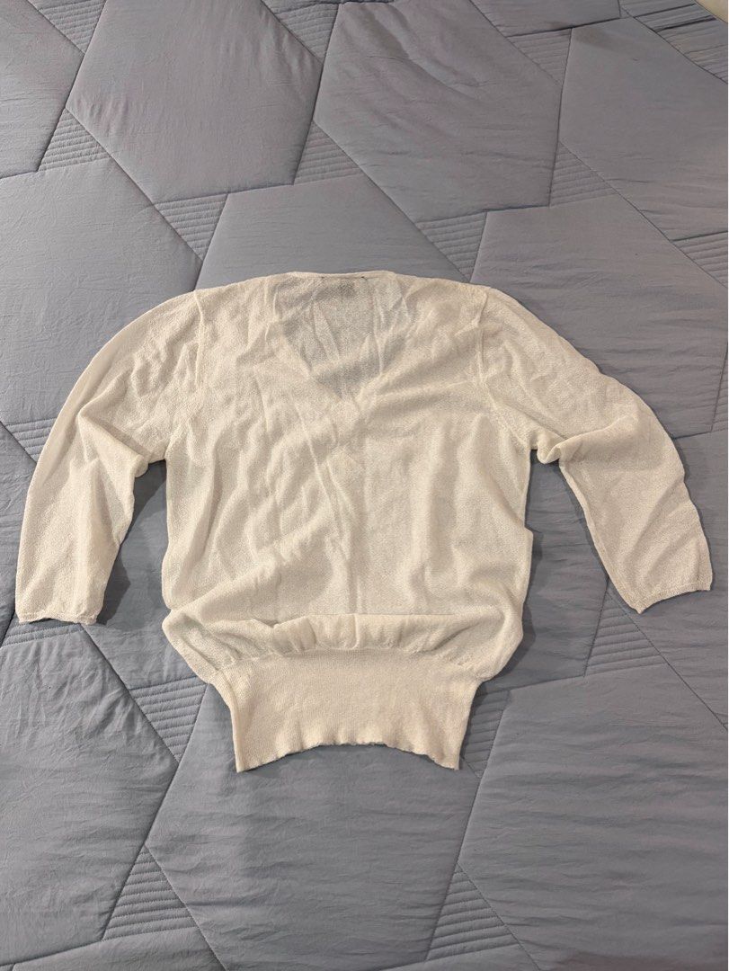 Theme White V-neck Cardigan with Ruched Front (Category: Blouses) located in Pasig City. Submitted by tnyap (Listing ID 1443783497, Image 2). Description: EU size 40 L - 24in W - 17in Sleeve - 19in.
