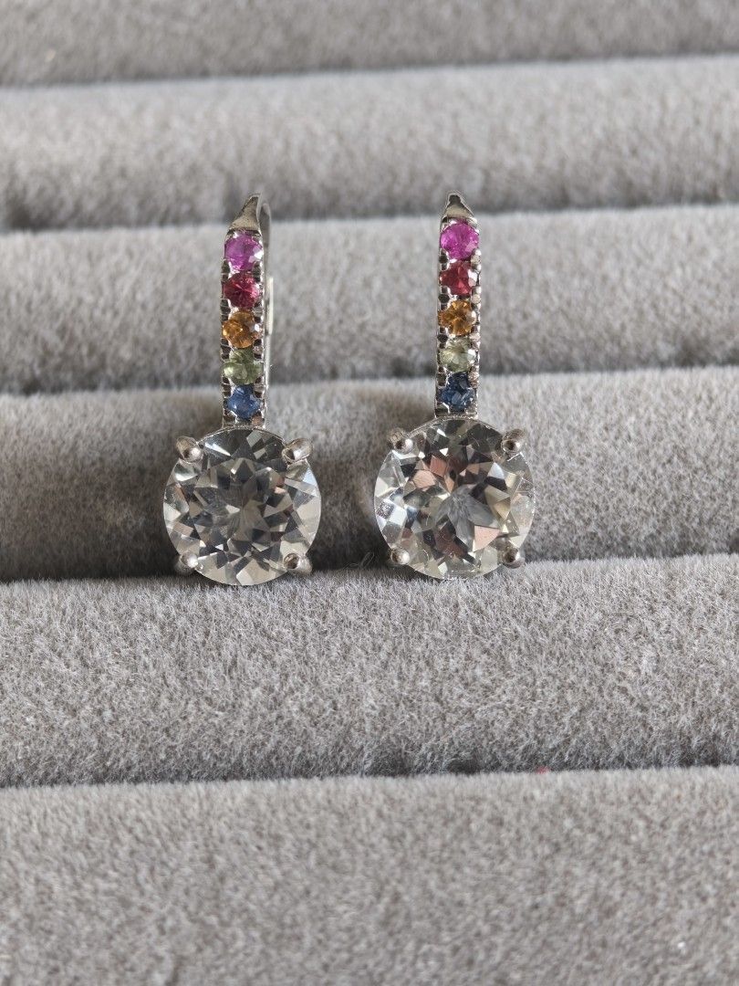 Topaz Drop Earrings with multi-color sapphire (Category: Earrings) located in Batangas. Submitted by decluttering_bliss (Listing ID 1443790473, Image 1). Description: - Dazzling drop earrings - Features a large clear white topaz at the bottom - Top section adorned with colorful gemstones: pink, orange, yellow, blue, and purple - Silver-tone metal - Suitable for pierced ears - Elegant dangling design.
