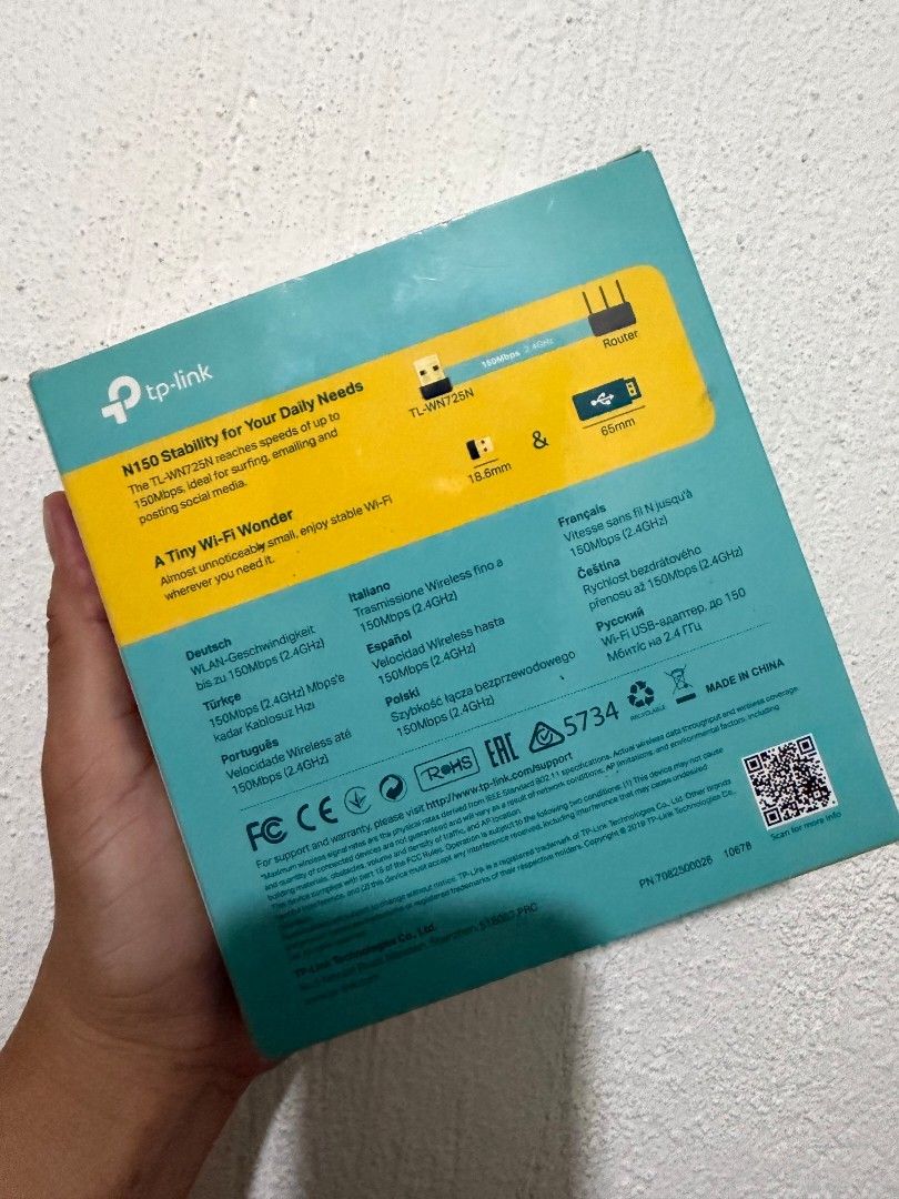 TP Link Wireless Nano USB Adapter 150 mbps (Category: Cables & Adaptors) located in Pasig City. Submitted by mthering (Listing ID 1443806657, Image 2). Description: Key Features & Specs Wireless Speed: Up to 150Mbps on the 2.4GHz band, ideal for video streaming, voice calls, and basic web browsing. Design: Nano-sized and lightweight (18.6 × 15 × 7.1 mm) so it won't block adjacent USB ports or snag on bags when traveling. Security: Supports advanc