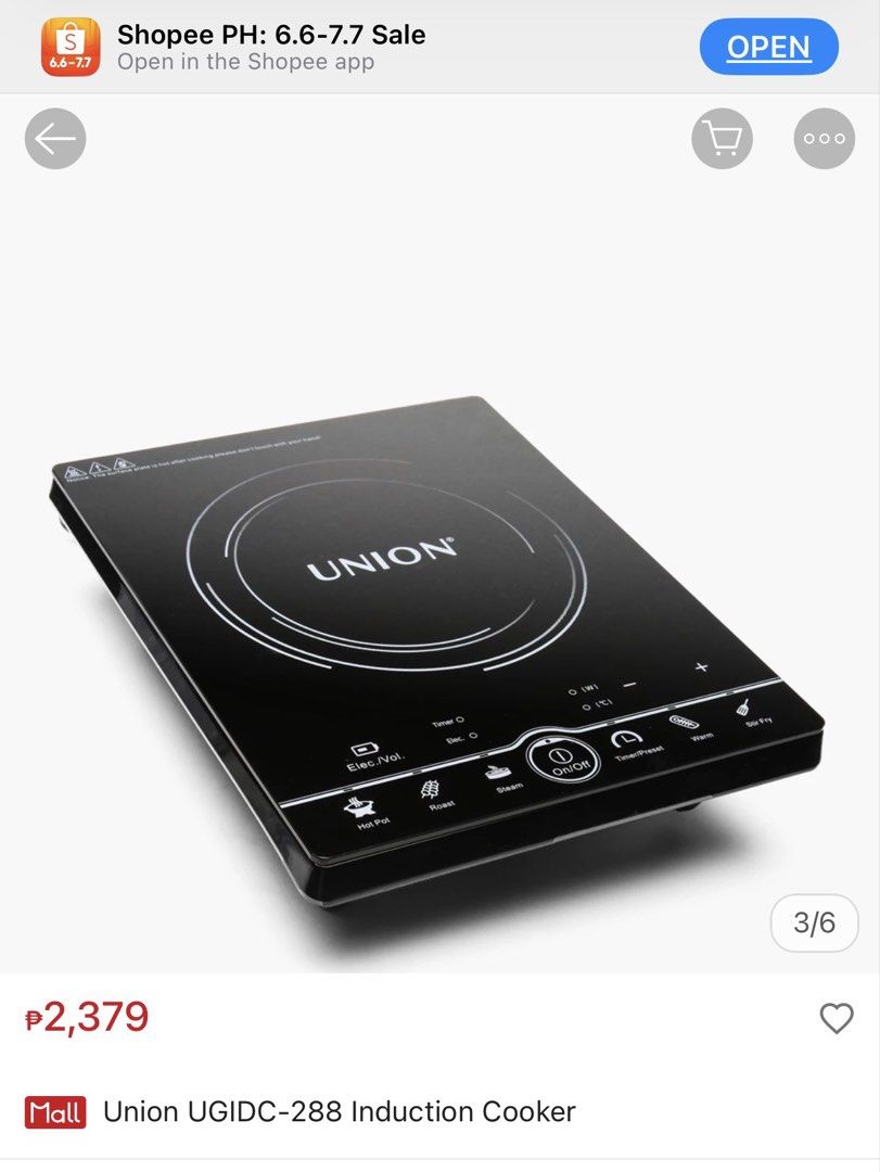 Union UGIDC-288 Induction Cooker (Category: Cookers) located in Pasay City. Submitted by briellemoqs (Listing ID 1443819701, Image 1). Description: - Union Induction Cooker UGIDC-288 - Multiple Cooking Functions: Hot Pot, Stir-fry, Soup, Porridge, Milk, Steam, Warm, Roast - Additional Features: Preset, Voltage, Lock, Pause - Easy-to-use controls - Perfect for quick and convenient meals.