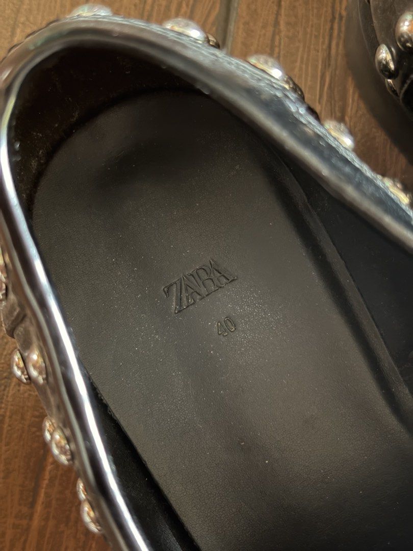 Zara Black Studded Loafers Size 40 (Category: Loafers) located in Quezon City. Submitted by rv1995 (Listing ID 1443795872, Image 2). Description: - Zara black patent loafers - Size 40 Womens - All-over silver stud detailing - Classic penny loafer design - Perfect statement shoes Located in QC Actual Pics posted.