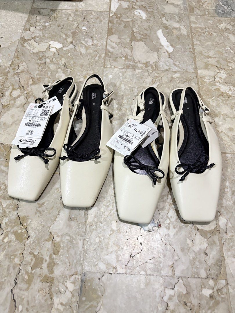 Zara Slingback Flats with Bow Detail (Category: Flats & Sandals) located in Manila. Submitted by missapparelph (Listing ID 1443902469, Image 2). Description: - Brand: Zara Sizes: 36 & 38 - Style: Slingback Flats - Color: Cream/Off-white - Toe Shape: Square - Detail: Cute black bow on the front - Strap: Adjustable strap at the heel - Size: 38 - Condition: Brand new, never worn, still has tags attached..