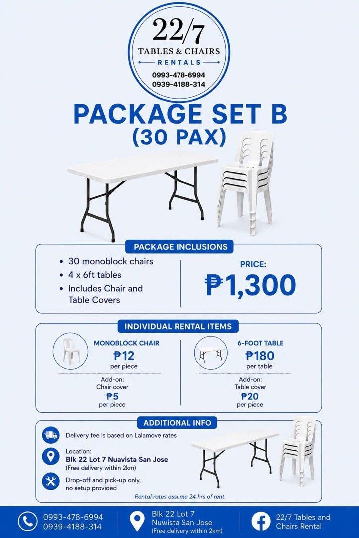 22/7 Tables & Chairs Rentals - Package Sets & Individual Items (Category: Tables & Sets) located in Manila. Submitted by purebird_e3788e (Listing ID 1444042929, Image 2). Description: - Rent tables and chairs for your events! - Package sets available for 20, 30, or 50 pax. - Packages include monoblock chairs, 6ft tables, and covers. - Individual chairs and tables also available for rent. - Delivery within 2km of Nuvista San Jose. - Drop-off and p
