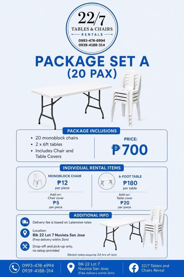 22/7 Tables & Chairs Rentals - Package Sets & Individual Items (Category: Tables & Sets) located in Manila. Submitted by purebird_e3788e (Listing ID 1444042929, Image 3). Description: - Rent tables and chairs for your events! - Package sets available for 20, 30, or 50 pax. - Packages include monoblock chairs, 6ft tables, and covers. - Individual chairs and tables also available for rent. - Delivery within 2km of Nuvista San Jose. - Drop-off and p