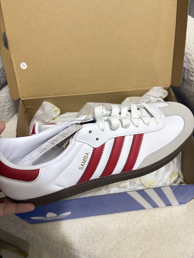 Adidas Samba OG Scarlet Red US SIZE 11 (Category: Sneakers) located in San Mateo. Submitted by nomhuep (Listing ID 1444014729, Image 1). Description: RFS: WRONG SIZE BOUGHT FROM ADIDAS STORE - just tried on never used Adidas Samba OG Color: RED - Size: 11 US / 10.5 UK / 290 JP - Condition: Brand New (Original Box Included) + Invoice - Original Purchase Price: PHP 6,800.00.