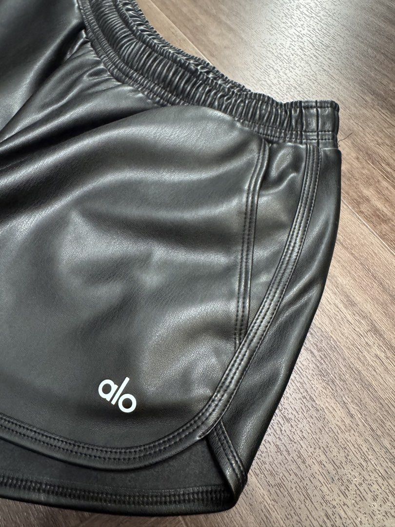 XXS Alo Yoga Black Faux Leather Power Shorts (Category: Shorts) located in Singapore. Submitted by drkmttr (Listing ID 1444065587, Image 3). Description: worn 2x, like new..