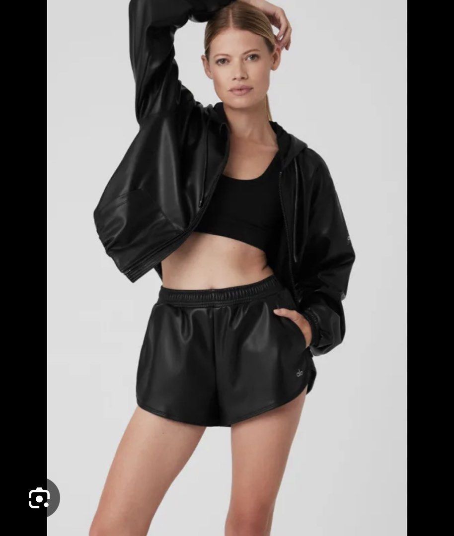 XXS Alo Yoga Black Faux Leather Power Shorts (Category: Shorts) located in Singapore. Submitted by drkmttr (Listing ID 1444065587, Image 2). Description: worn 2x, like new..