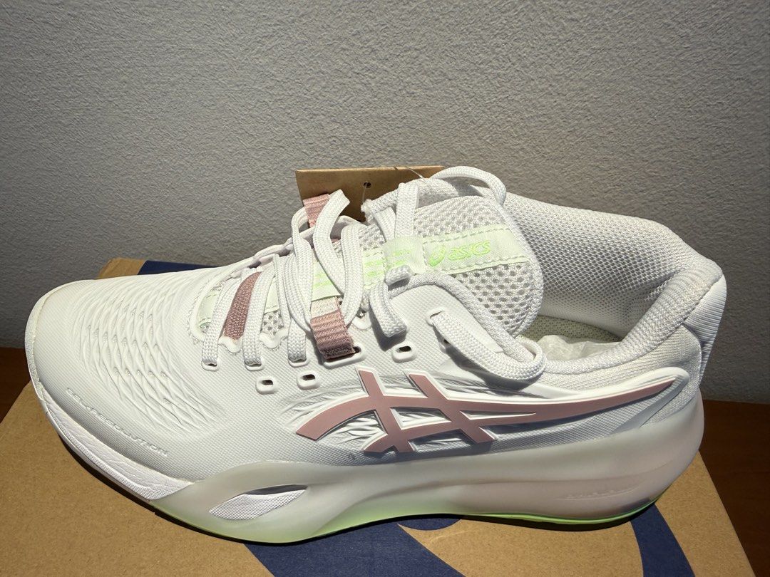 ASICS Gel-Resolution White Pink Wide Tennis/Pickleball Court Shoes (Category: Racket & Ball Sports) located in Singapore. Submitted by abundance98 (Listing ID 1443959959, Image 2). Description: - White ASICS Gel-Resolution tennis shoes - Wide fit - Pink and light green accents - Comes with original box and tissue paper - Ideal for tennis/pickleball court performance.
