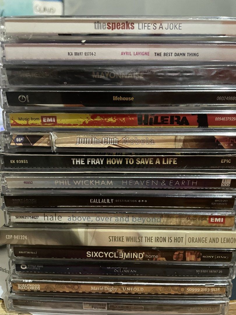 Assorted CDs (Category: CDs & DVDs) located in Taguig. Submitted by simplypat00123 (Listing ID 1444012444, Image 1). Description: Avril Lavigne - The Best Damn Thing Lifehouse Mayonnaise- Tersera (sealed) The Fray - How to Save a Life (sealed) Hale - Above, Over, and Beyond Phil Wickham - Heaven and Earth Marie Digby - Unfold (SOLD) Callalily (SOLD) Join The Club - Nobela (SOLD) Stonefree - Delorean (SOLD) Orange and Lemons - Strike Whilst the Ir