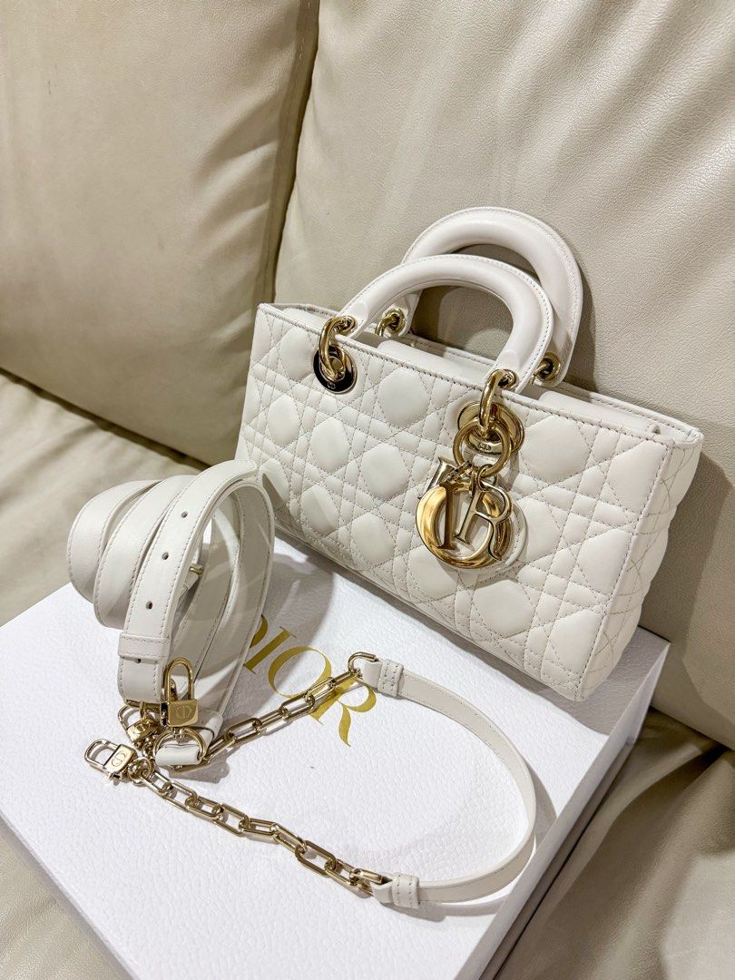 AUTHENTIC Dior D-Joy Medium in White Cannage Leather GHW (Category: Luxury Bags & Wallets) located in Quezon City. Submitted by closetofcoco (Listing ID 1443939825, Image 2). Description: GUARANTEED AUTHENTIC PM FOR INQUIRIES NO LOW BALLING.