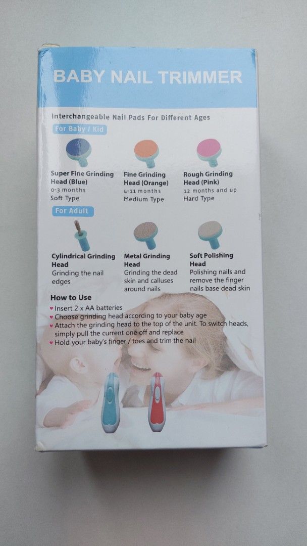 Baby Nail Cutter or Trimmer (Category: Baby Toiletries & Grooming) located in Quezon City. Submitted by gracelynmarie (Listing ID 1443961062, Image 3). Description: Baby Nail Trimmer Brand: Kangaroo Mom *Gentle electric baby nail trimmer with LED light. *Includes 6 heads for all ages. Battery-powered (2 AA) with a storage case. *Used ONCE only. *No issues. Original Price: Php 300+ Loc: Cubao, QC Mop: Gcash Sf: c/o buyer (lalamove & grab only).