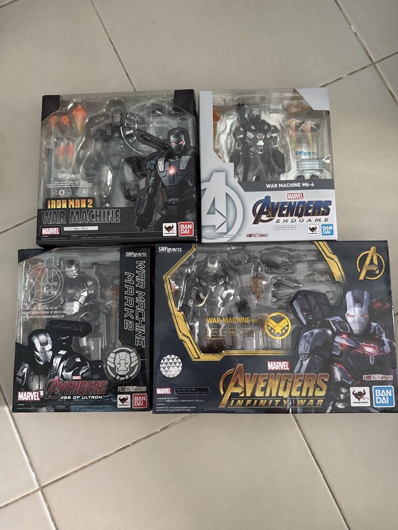 Bandai s.h.figuarts Marvel War Machine Action Figures (4 types) (Category: Toy Figures) located in Singapore. Submitted by cp2tkmtnc551575 (Listing ID 1443957691, Image 1). Description: - Set of 4 Bandai S.H.Figuarts War Machine action figures. - Includes figures from Iron Man 2, Avengers: Endgame, and two from Avengers: Infinity War. - All figures are brand new and sealed in original packaging. - Ideal addition for any Marvel collector's display