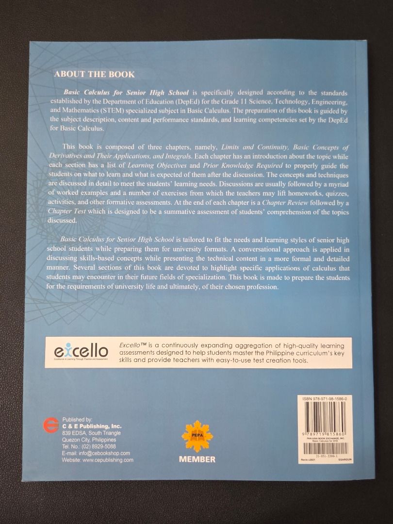 Basic Calculus For Senior High School (Category: Textbooks) located in Makati City. Submitted by enricocarl12883 (Listing ID 1444064441, Image 2). Description: Title: Basic Calculus For Senior High School Author: Egarguin Et Al. Year of Publication: 2021 (Revised Edition) Publisher: C&E Publishing Payment Method: GCASH ONLY Shipping: Lalamove (Shipping Fee covered by Buyer) Can send more pictures upon request..