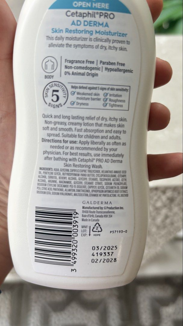 Cetaphil PRO AD Derma Skin Restoring Moisturizer 295ml (Category: Body Care) located in Pasig City. Submitted by bituin18 (Listing ID 1443920541, Image 2). Description: - Cetaphil PRO AD Derma Skin Restoring Moisturizer - Ideal for dry, itchy, sensitive skin - Fragrance-free, paraben-free, hypoallergenic - Defends against 5 signs of skin sensitivity: weakened skin, irritation, moisture barrier, dryness, tightness - Provides quick and long-lasting