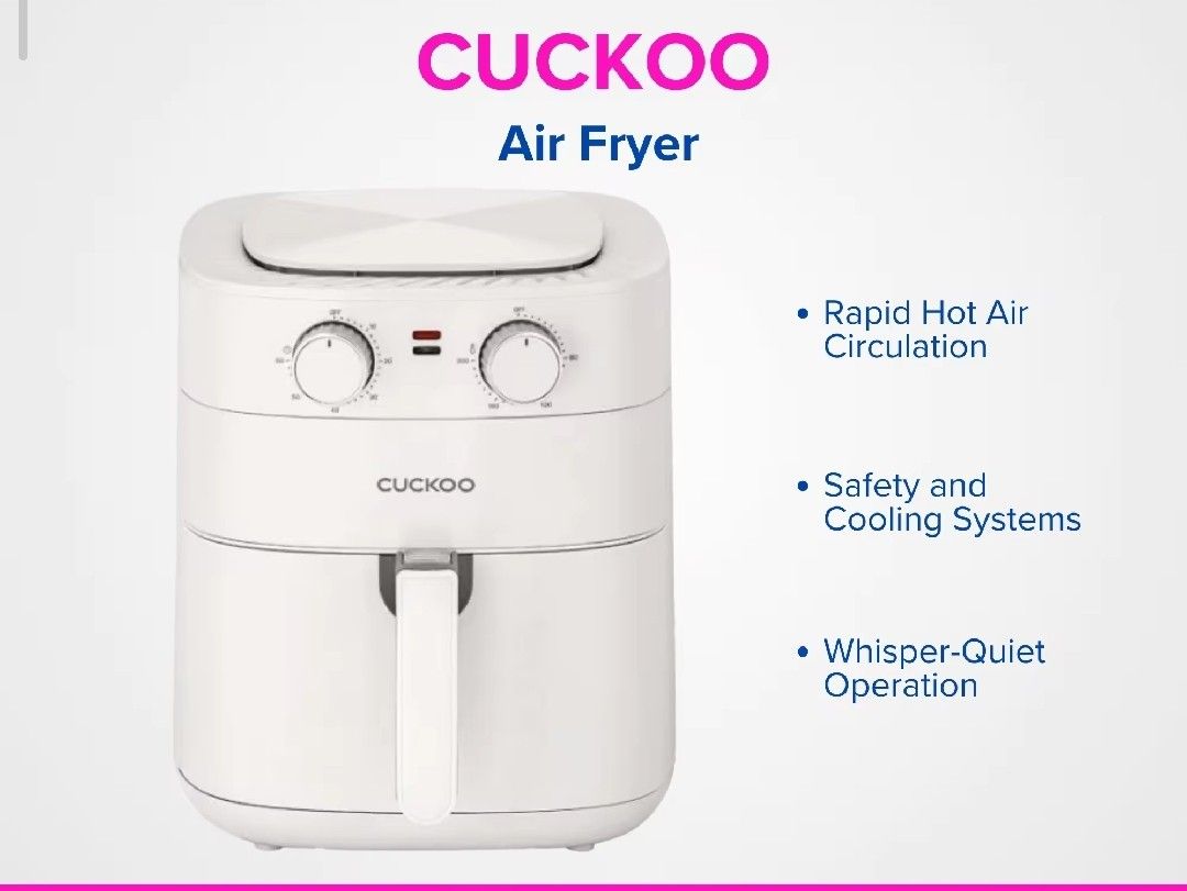 Cuckoo air fryer (Category: Cookers) located in Makati City. Submitted by melissa12345 (Listing ID 1443940156, Image 2). Description: Brandnew item sealed item 👉Read me 1st 📍Brand new 💯 📍Items on hand ❌ No COD 🏦 MOP bpi/bdo/GCash/maya 📍No return no exchange 📍Payment 1st before delivery 💰Cashless transaction at this moment. ,.