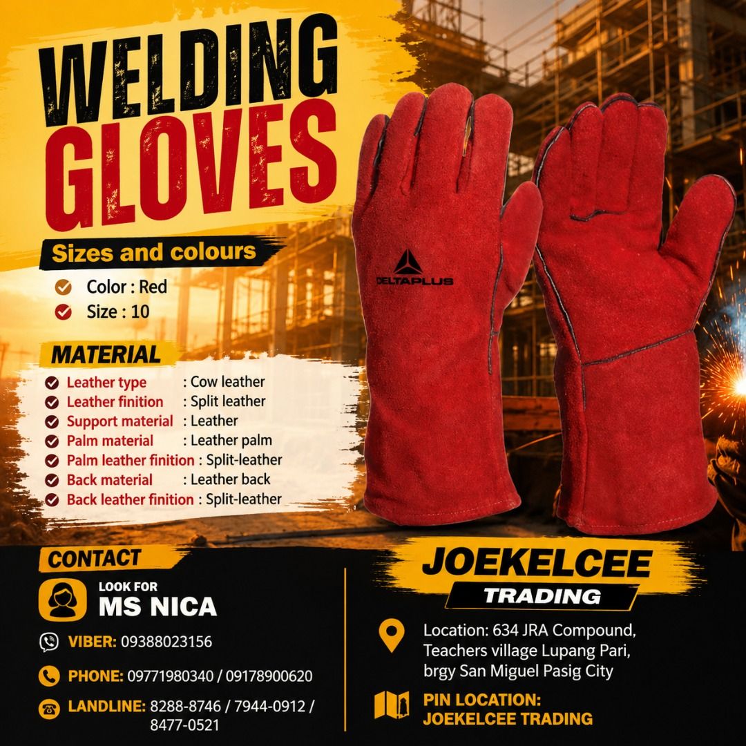 Delta Plus Red Welding Gloves Size 10 (Category: Construction Tools & Equipment) located in Caloocan City. Submitted by brightriver_09 (Listing ID 1443979072, Image 1). Description: - Brand: Delta Plus - Color: Red - Size: 10 - Material: Cow leather with split leather finishing - Palm & Back: Leather (split leather finish) - Protection: Ideal for welding - Inquiries: Contact Ms. Nica.