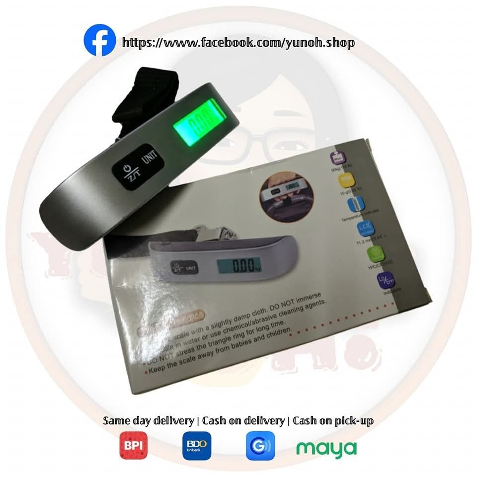 Digital Electronic Luggage Scale with Strap (Category: Health Monitors & Weighing Scales) located in Quezon City. Submitted by gervin.cho (Listing ID 1443961475, Image 1). Description: Portable luggage/weighing scale at ₱250 • Brand new • Material: Plastic & Metal • Dimensions: 13 x 3 x 3 cm • Max. Capacity: 50 kg or 110 lbs • Inclusions: 1x Digital Luggage Scales (included battery) 1x Manual 1x 3V lithium cell (CR2032) • Others: Zero and Tare fe