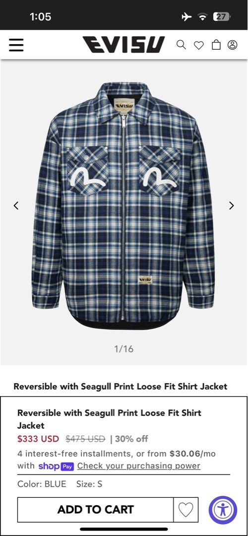 EVISU Reversible Seagull Loose Fit Shirt Jacket (Category: Coats, Jackets and Outerwear) located in Manila. Submitted by krayzie024 (Listing ID 1444011320, Image 1). Description: Details: Very rare authentic piece. Reversible (2-in-1 design) — Plaid/Flannel side and Black Quilted side. Complete tags with verification QR code/Hologram tag intact..