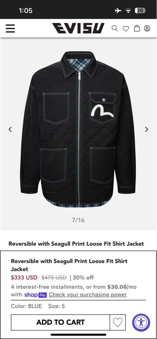 EVISU Reversible Seagull Loose Fit Shirt Jacket (Category: Coats, Jackets and Outerwear) located in Manila. Submitted by krayzie024 (Listing ID 1444011320, Image 2). Description: Details: Very rare authentic piece. Reversible (2-in-1 design) — Plaid/Flannel side and Black Quilted side. Complete tags with verification QR code/Hologram tag intact..