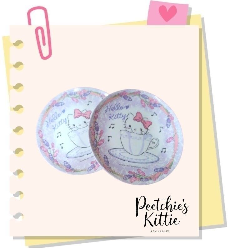 Hello Kitty Plates (Category: Dinnerware & Cutlery) located in Sorsogon. Submitted by mitchelle0425 (Listing ID 1444084245, Image 1). Description: - Set of 2 cute Kitty plates. - Features Kitty in a teacup with floral and musical note designs. - Perfect for serving snacks or as decorative pieces. - A delightful gift for any Kitty enthusiast!.